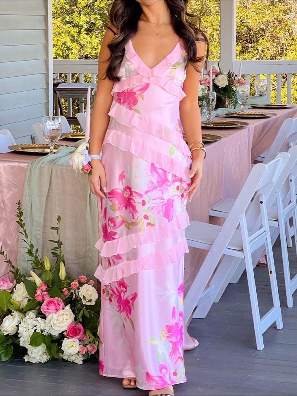 Beginning Boutique Pink Floral Tiered Ruffle Maxi Dress